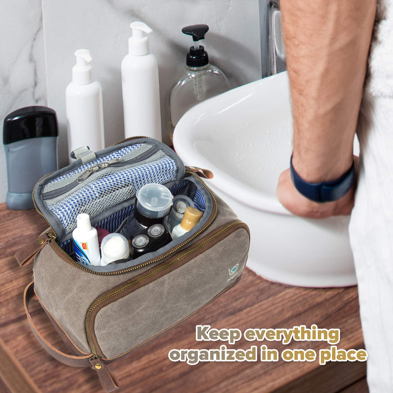 [Australia] - Bago Leather Canvas Dopp Kit For Men - Shaving Kit Bags for Men - Shower and Toiletry Travel Bag - Hanging Hook | Inner Organization | Fits Large Toiletries kits | Mens Dopp Kit for Bathroom 