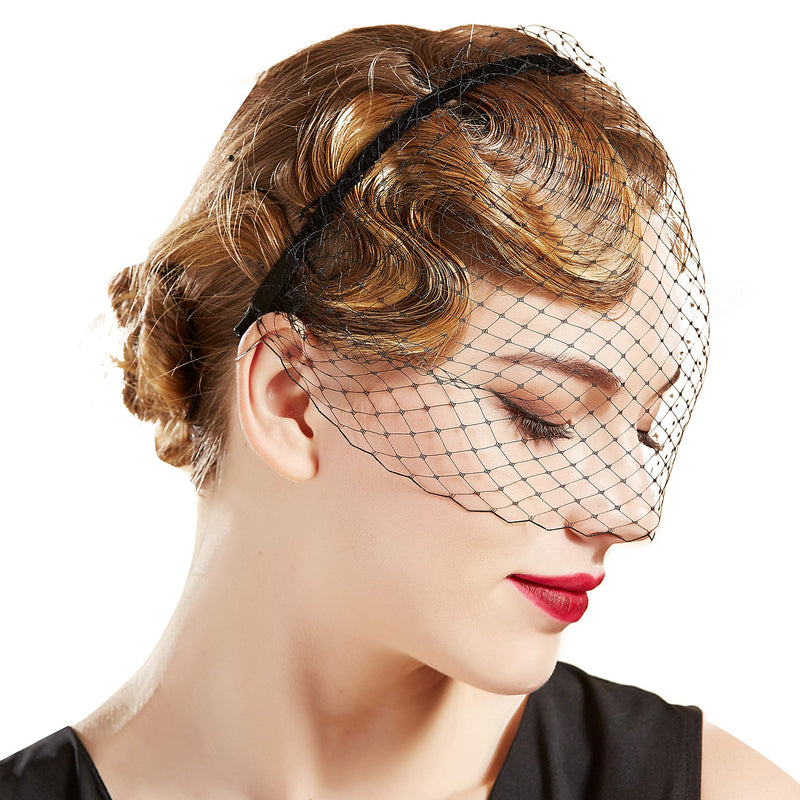 [Australia] - BABEYOND 1920s Flapper Fascinator Mesh Veil Headband Bridal Wedding Tea Party Fascinator Veil for Women Black 