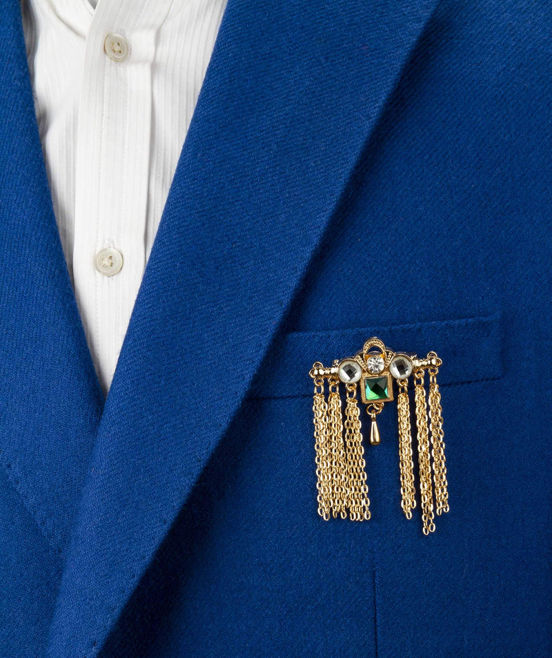 [Australia] - Knighthood Gold Bar with Semi Precious Green Stone White Shimmer Stone and Hanging Chain Brooch 