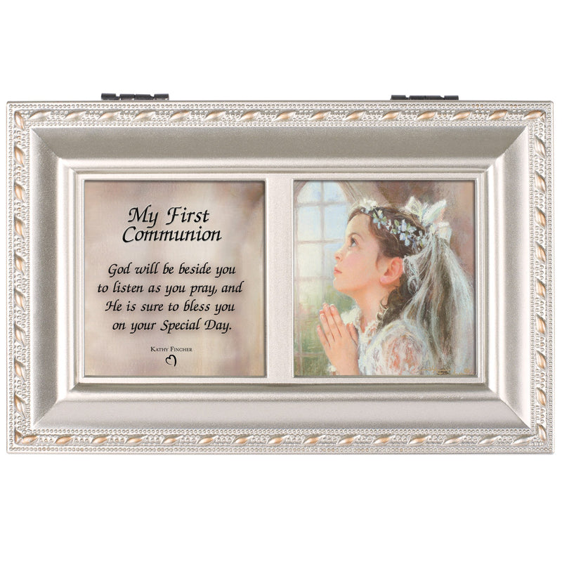[Australia] - Cottage Garden First Communion God Beside You Brushed Silvertone Jewelry Music Box Plays Amazing Grace 