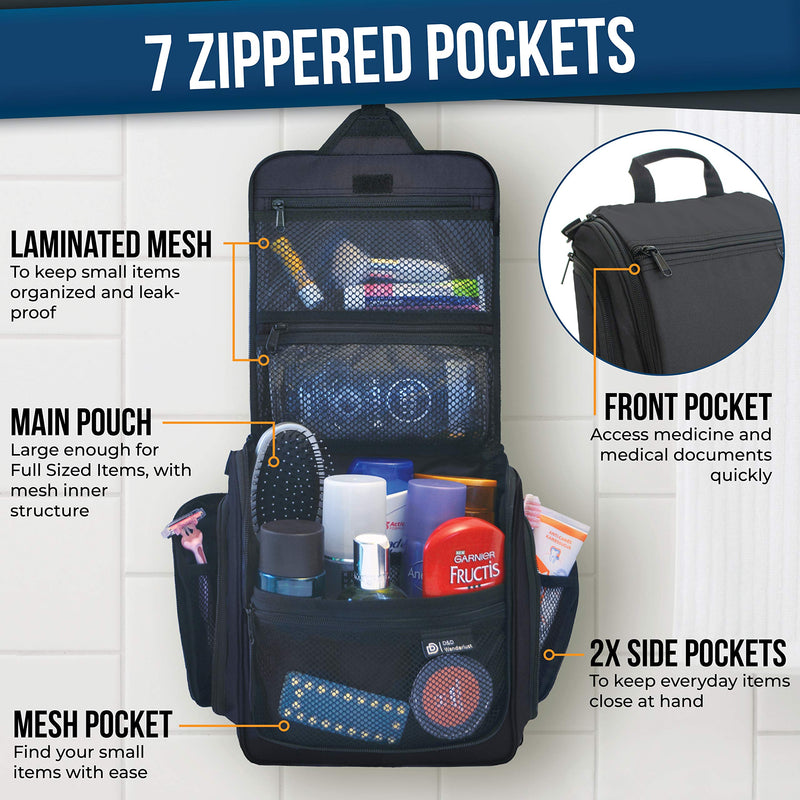 [Australia] - Hanging Travel Toiletry Bag for Men and Women – Large Cosmetics, Makeup and Toiletries Organizer Kit with 19 Compartments, YKK Zippers, XXL Metal Swivel Hook, Water-Resistant Nylon Black 