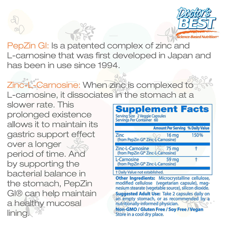 [Australia] - Doctor's Best PepZin GI, Zinc-L-Carnosine Complex, Non-GMO, Vegan, Gluten Free, Soy Free, Digestive Support, 120 Veggie Caps 120 Count (Pack of 1) 