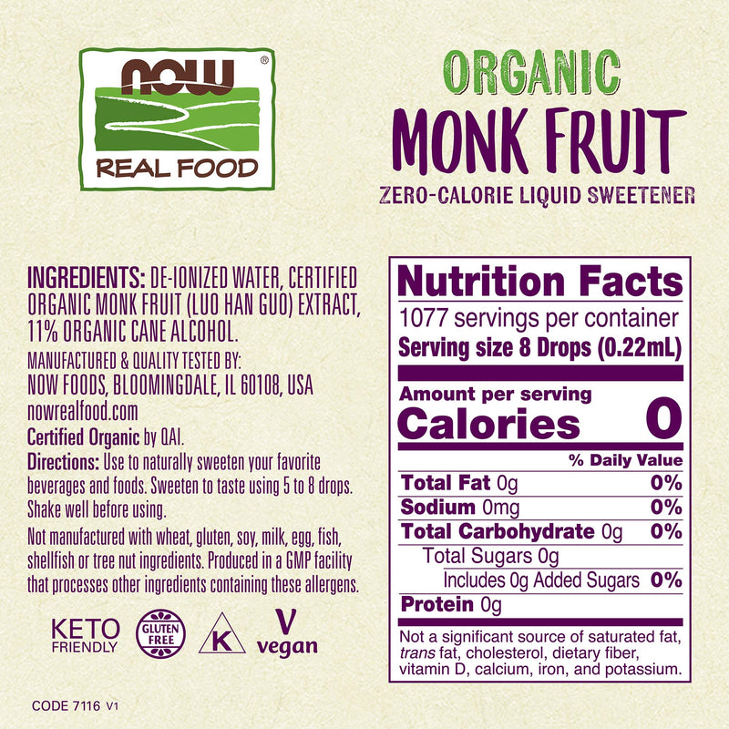 [Australia] - NOW Foods, Certified Organic Monk Fruit Liquid, Zero-Calorie Liquid Sweetener, Non-GMO, Low Glycemic Impact, 8-Ounce 8 Fl Oz (Pack of 1) 