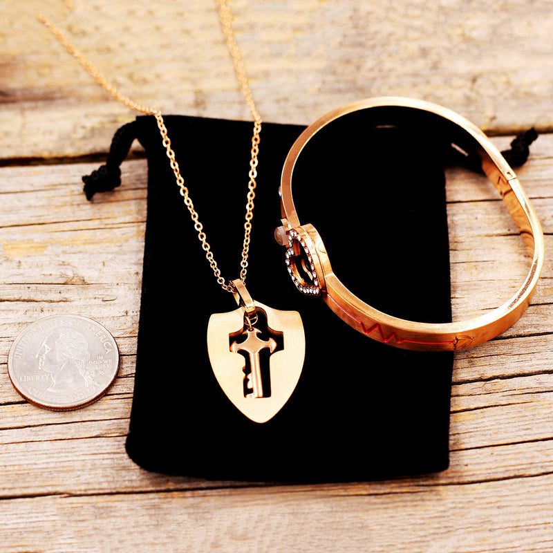 [Australia] - Uloveido Shield Key Pendant Necklace and Lock Bracelet for Girls Boys Couple Necklace Bracelet Set for Men and Women Anniversary Birthday Gift, You Hold the Key to My Heart Y473/Y474 100 Languages Love-Rose Gold 