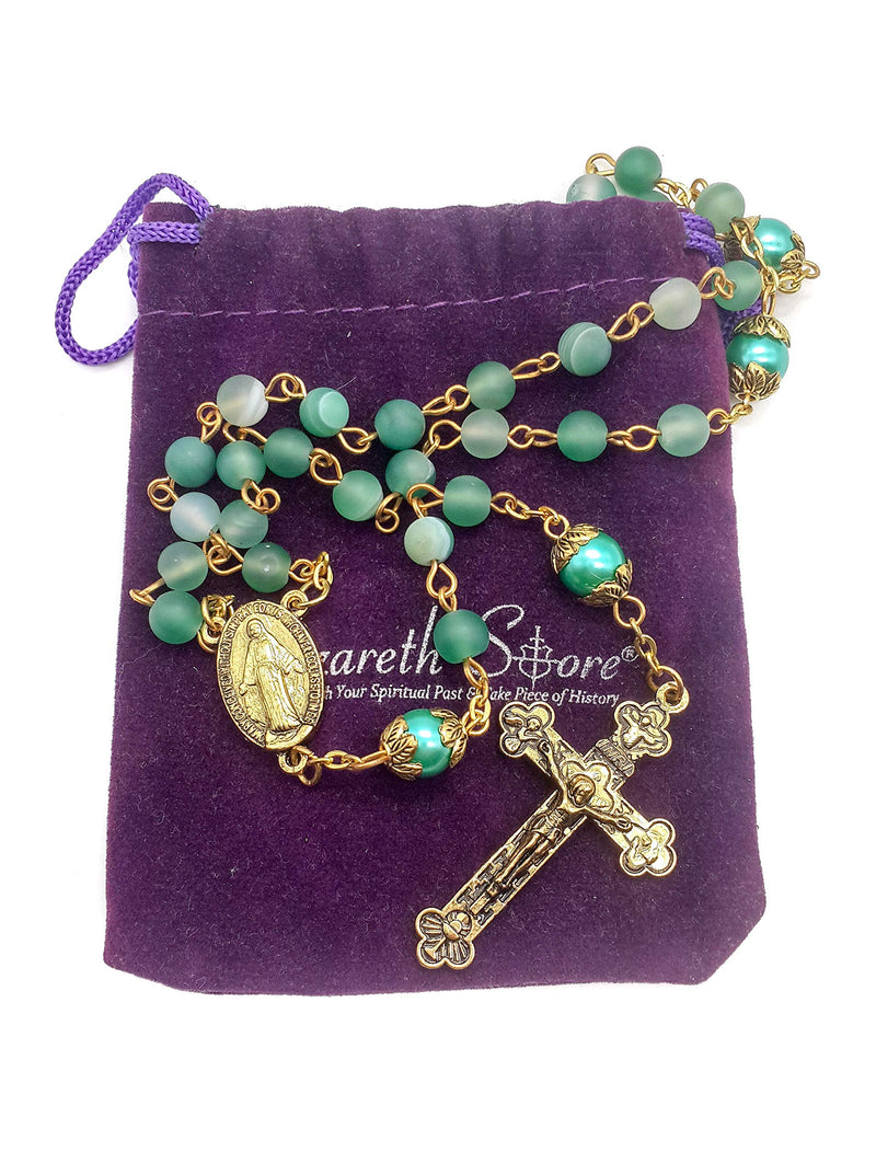 [Australia] - Nazareth Store Catholic Gold Rosary Necklace Matte Stone Beads Green 10mm Pearl Round Beads Miraculous Medal & Cross - Velvet Bag 