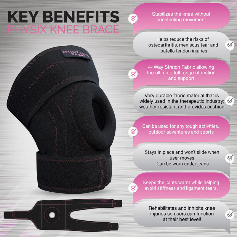 [Australia] - Physix Knee Brace with Side Stabilizers & Adjustable Straps - Knee Brace for Meniscus Tear, Knee Wraps for Pain, ACL, MCL, OA, Running, Workouts - Open Patella Knee Braces for Men & Women (Single) XL - Upper 22"-24" | Lower 20"-22" Black/Pink (Single) 