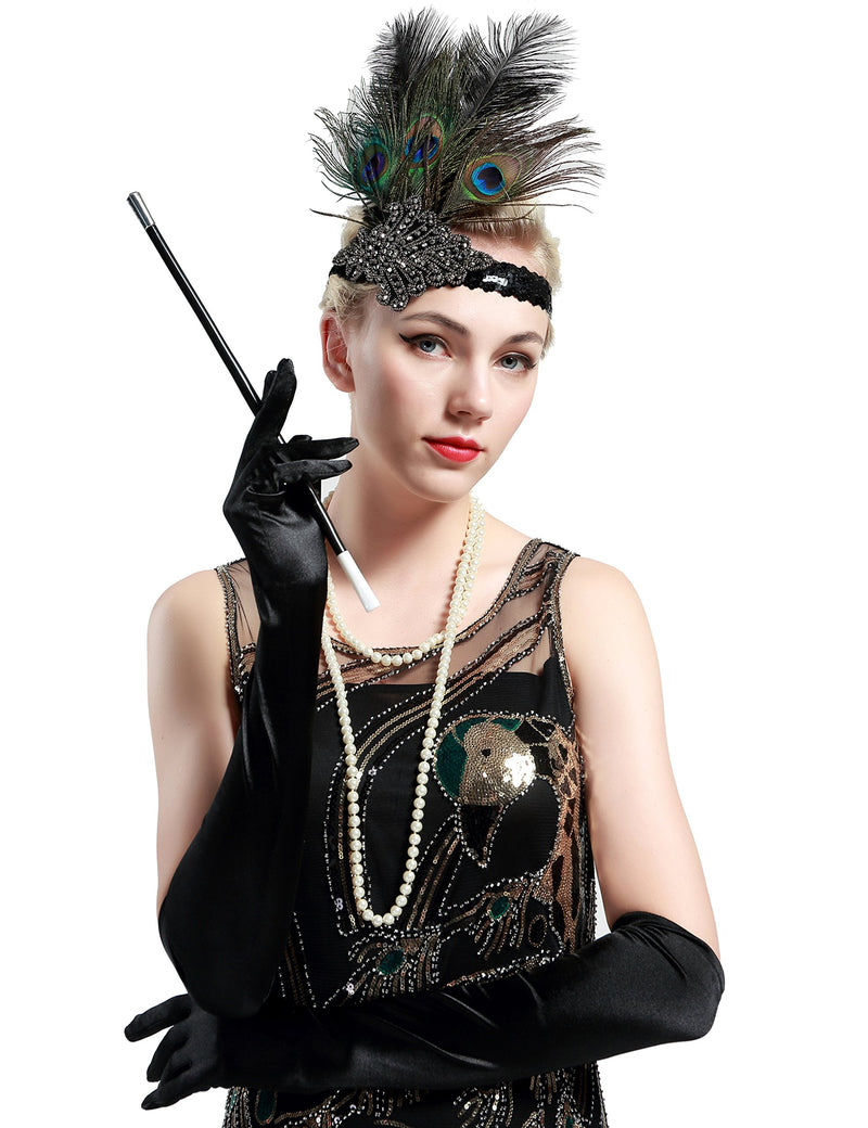 [Australia] - BABEYOND 1920s Flapper Accessories Gatsby Costume Accessories Set 20s Flapper Headband Pearl Necklace Gloves Cigarette Holder Set-1 
