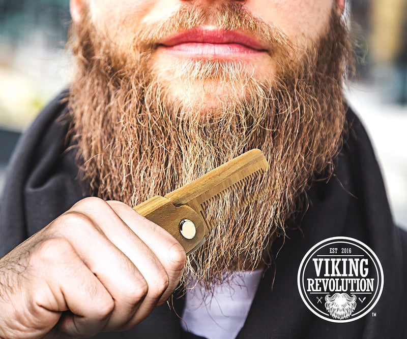 [Australia] - Folding Beard Comb w/Carrying Pouch for Men - All Natural Wooden Beard Comb w/Gift Box - Green Sandalwood Comb for Grooming & Combing Hair, Beards and Mustaches by Viking Revolution 
