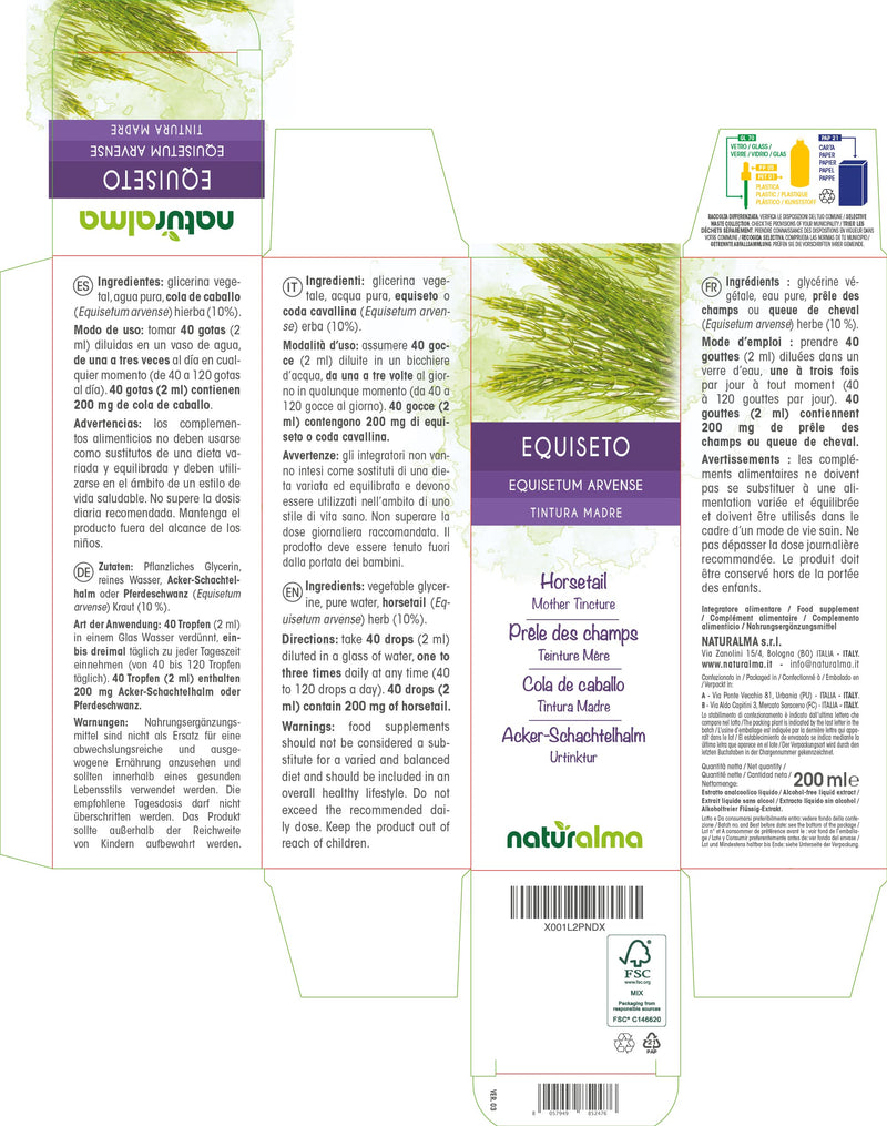 [Australia] - Horsetail (Equisetum arvense) herb Alcohol-Free Mother Tincture Naturalma | Liquid Extract Drops 200 ml | Food Supplement | Vegan 
