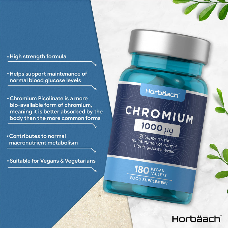 [Australia] - Chromium Picolinate 1000mcg | 180 Tablets | Supplement for Vegans & Vegetarians | Supports Normal Blood Sugar Levels | No Artificial Preservatives| by Horbaach 
