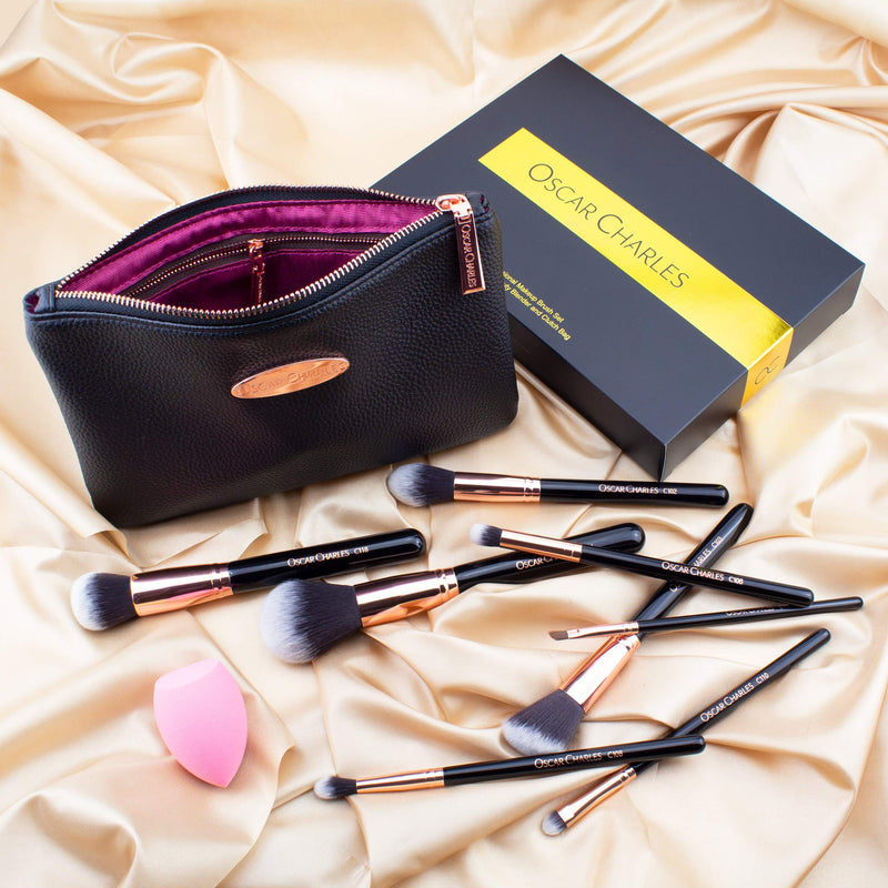 [Australia] - Oscar Charles 8-Piece Professional Makeup Brush Set with Beauty Sponge and Luxury Clutch Cosmetic Bag and Beautiful Gift Box - Rose Gold 