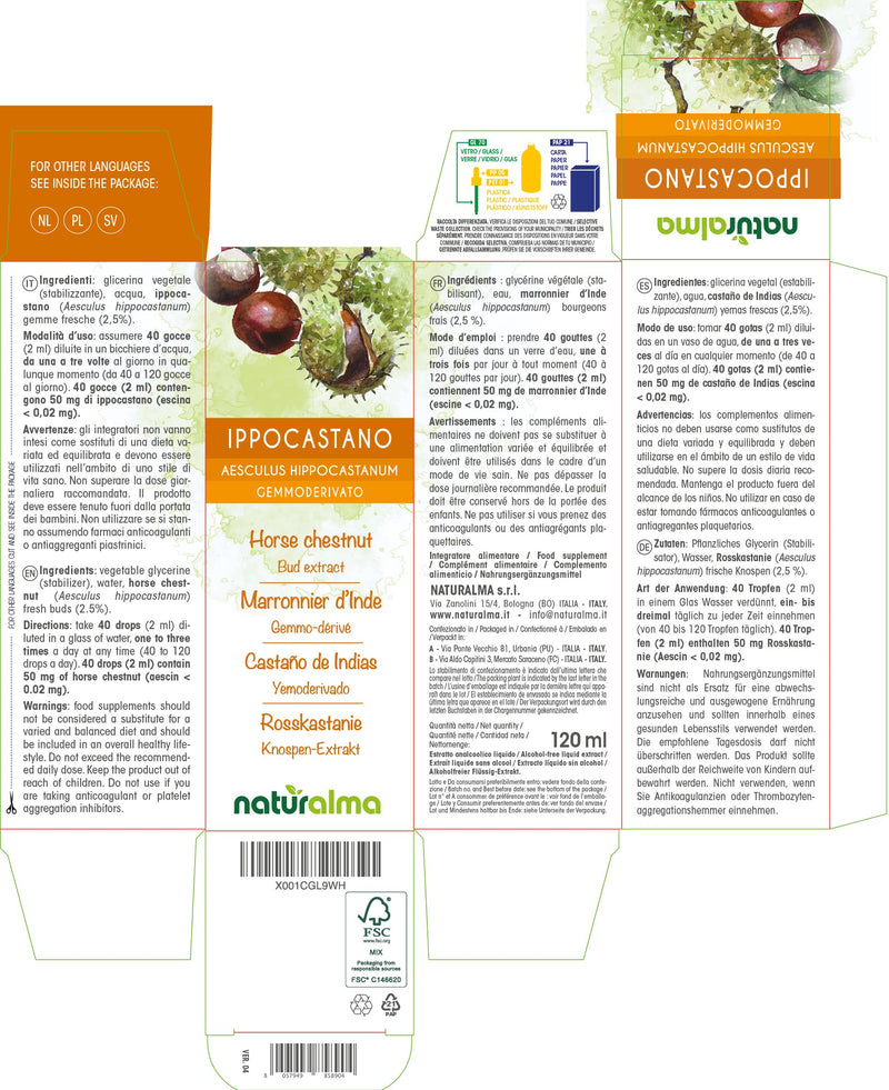 [Australia] - Horse Chestnut (Aesculus hippocastanum) Alcohol-Free Bud Extract from Fresh Buds NATURALMA | Liquid Drops 120 ml | Food Supplement | Vegan 120 ml (Pack of 1) 
