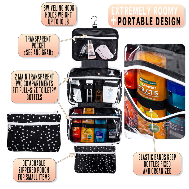 [Australia] - Large Hanging Toiletry Cosmetic Bag For Women - XL Hanging Travel Toiletry And Makeup Organizer Bag With Many Pockets (black polka dot) black polka dot 