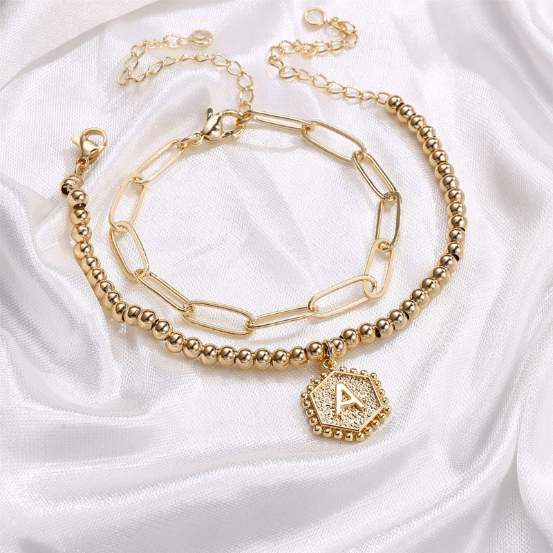 [Australia] - Gold Initial Bracelets for Women, 14K Gold Plated Beaded Bracelets for Women Teen Girls Hexagon Pendant Personalized Gold Layered Paperclip Link Chain Bracelets Initial Bracelet Dainty Initial Jewelry A 