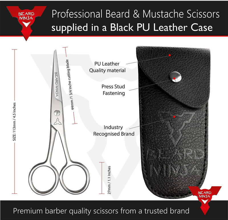 [Australia] - BEARD NINJA - Professional Beard Scissors for Men. Moustache & Beard Trimming Scissors +PU Leather case. Beard Grooming kit. Sharp Scissor - Precise Shaping - Cutting Facial Hair, Nose Hair & Eyebrow 4.5 Inch Black Carry Case 