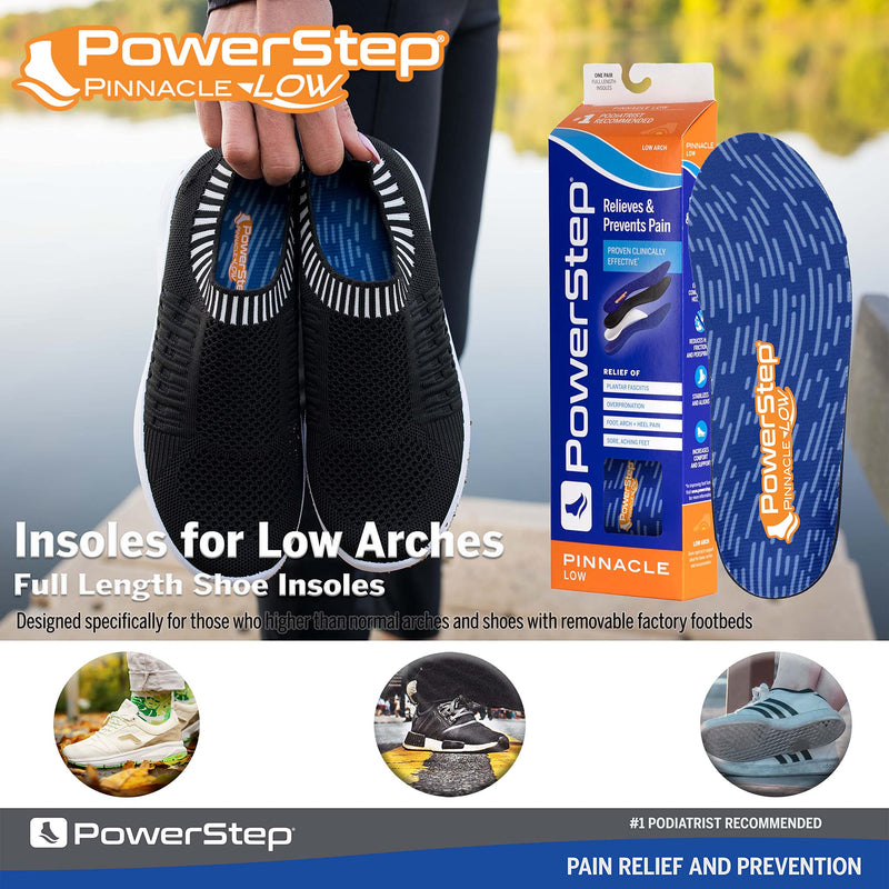 [Australia] - Powerstep Insoles, Pinnacle Low Arch, Flat Feet Pain Relief Insole, Low Arch Support Orthotic For Women and Men Men's 9-9.5 / Women's 11-11.5 Blue and Orange 