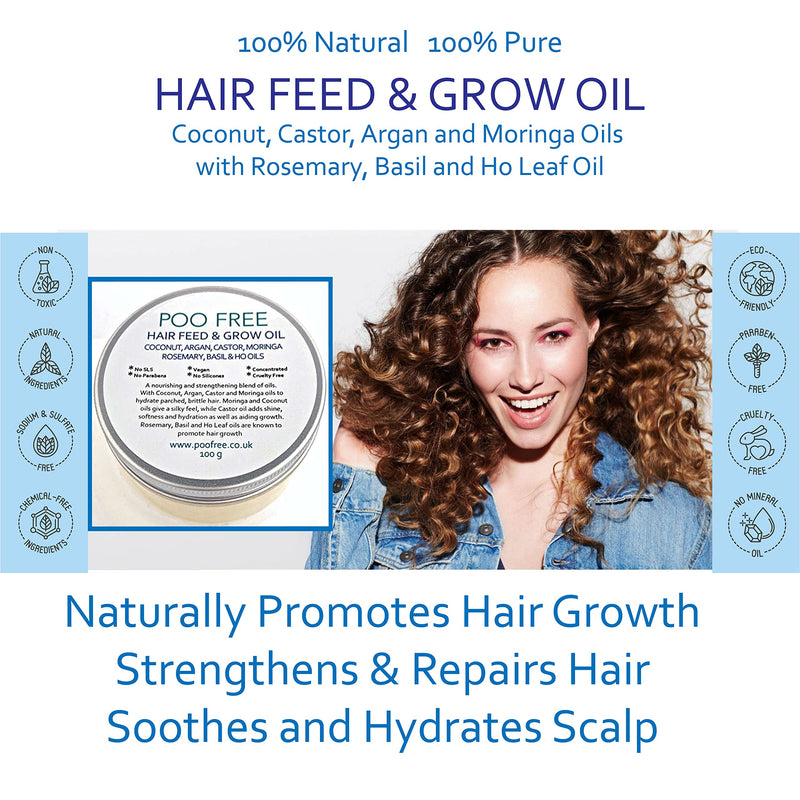 [Australia] - HAIR FEED & GROW OIL - 100 g - by POO FREE. Blend of Coconut, Castor, Argan and Moringa Oils with Rosemary, Basil and Ho Leaf Oil. Hair Growth. Repairs, Nourish Dry Scalp and Damaged Hair. Natural. 