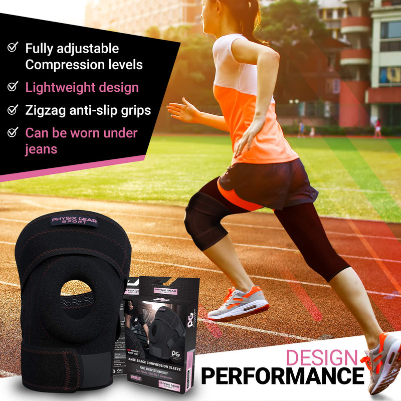 [Australia] - Physix Knee Brace with Side Stabilizers & Adjustable Straps - Knee Brace for Meniscus Tear, Knee Wraps for Pain, ACL, MCL, OA, Running, Workouts - Open Patella Knee Braces for Men & Women (Single) XL - Upper 22"-24" | Lower 20"-22" Black/Pink (Single) 