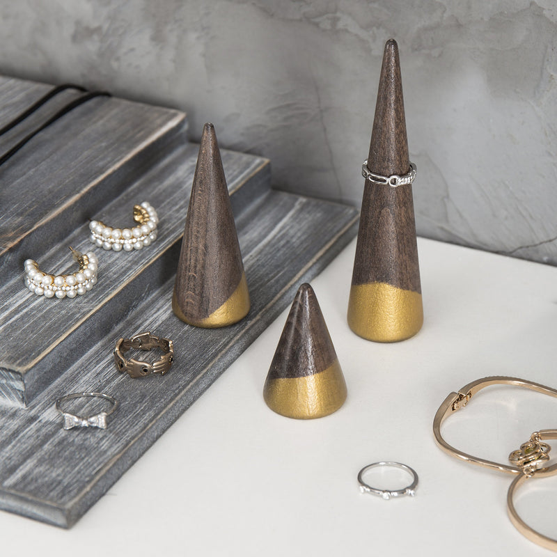 [Australia] - MyGift Wooden Cone Ring Holders with Gold-Tone Accents, Set of 3 