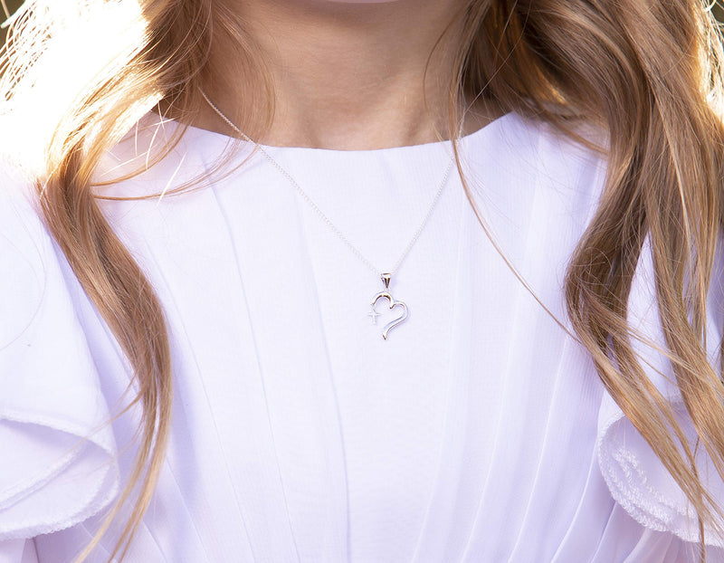 [Australia] - Girl's Sterling Silver First Communion or Confirmation"Dangling Cross" Heart Necklace 14 Inch 