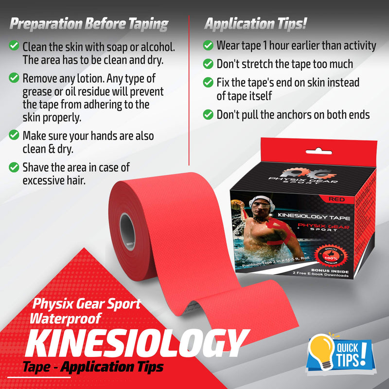 [Australia] - Physix Gear Kinesiology Tape Pro - Waterproof Physio Sports Tape for Pain & Injuries, Pregnancy, Muscle, Knee, Joint Support, Swelling, Strain Relief, Enhanced Blood Circulation (with E-Guide) Red (1 Pack + eGuide) 