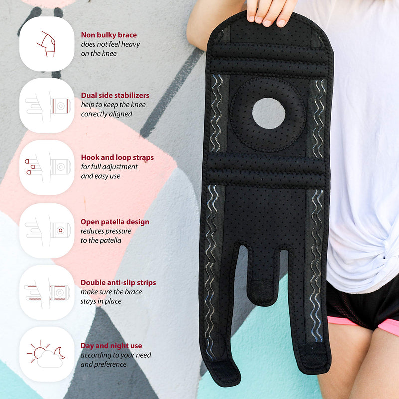 [Australia] - Adjustable Kids Knee Brace Support - Knee Support for Youth, Arthritis, ACL, MCL, LCL, Sports Exercise, Meniscus Tear, Dance. Open Patella Neoprene Stabilizer Wrap for Children, Boys, Girls (Black) One Size Black 
