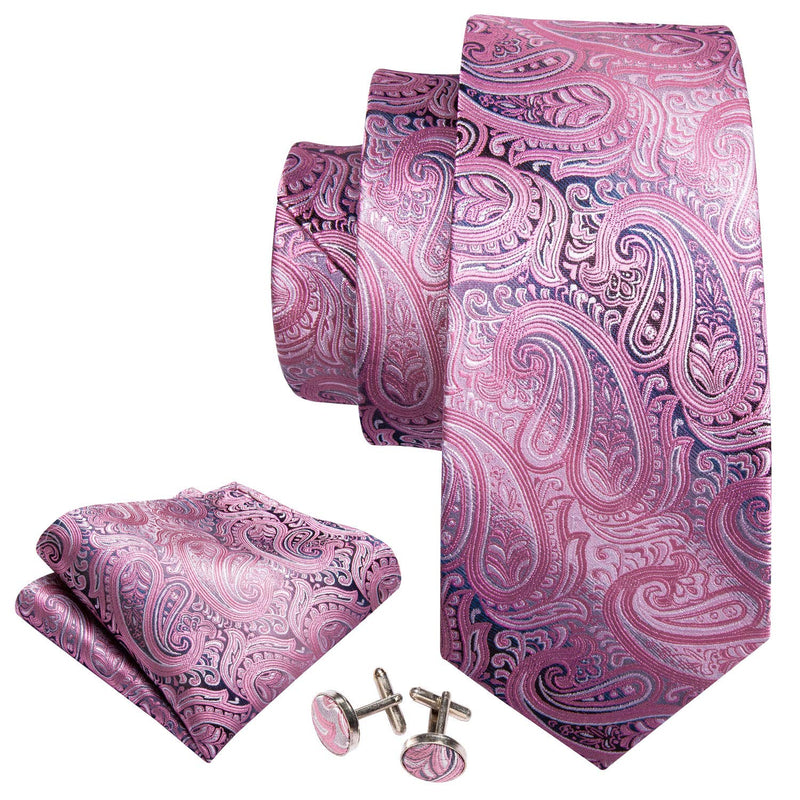 [Australia] - Barry.Wang Men Tie Set Paisley Solid Silk Necktie Pocket Square Cufflinks Extra Long Tie Formal Wedding 01 Rose Pink Paisley 