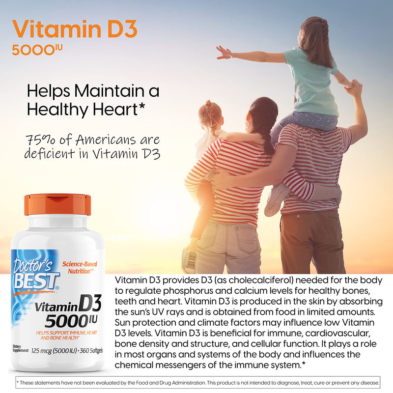 [Australia] - Doctor's Best Vitamin D3 5,000 IU for Healthy Bones, Teeth, Heart and Immune Support, Non-GMO, Gluten-Free, Soy Free, 360 Count (Pack of 1) 