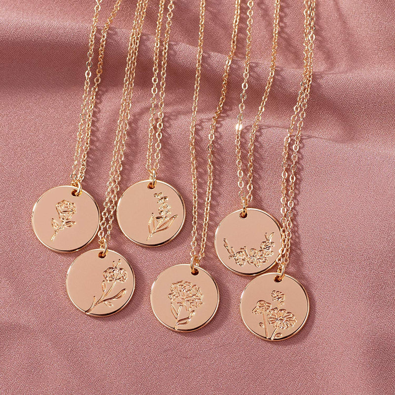 [Australia] - Mevecco Birth Flower Necklace 18k Gold Engraved Custom Floral Pendant Necklaces Dainty Birth Month Flower Disc Charm Hand Stamped Flower Disk Necklace Personalized Jewelry Birthday Gift for Her A-January - Carnation-Style A 