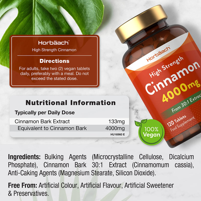 [Australia] - Cinnamon Tablets 4000mg | High Strength Supplement for Blood Sugar Levels & Metabolism Support | Rich Source of Calcium | 120 Vegan Tablets | by Horbaach 