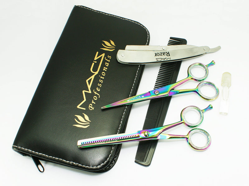 [Australia] - Professional Titanium Barber Scissor Razors Edge Hair Cutting 5 PCs Set 6.25" Barber Shears With 6.25" Texturizing/Thinning Shears Set Made Of High Grade Stainless Steel W/Black Leather Case-15030 