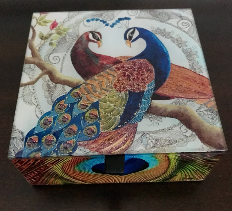 [Australia] - Value Arts Pair of Peacocks Glass Keepsake Box, Beveled Edges, Velvet Lined, 4.7 Inches Square 