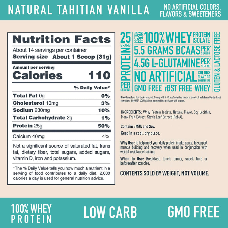 [Australia] - Isopure Protein Powder, Whey Protein Isolate Powder, 25g Protein, Low Carb & Keto Friendly, Naturally Sweetened & Flavored, Flavor: Tahitian Vanilla, 1 Pound 1 Pound (Pack of 1) 