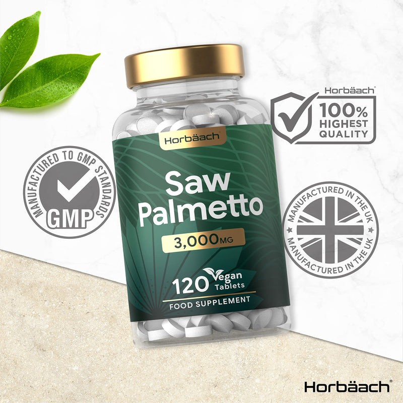 [Australia] - Saw Palmetto 3000mg | 120 Vegan Tablets | Saw Palmetto Berry Extract (20:1) | High Strength | One-A-Day Supplement for Men | No Artificial Preservatives | by Horbaach 
