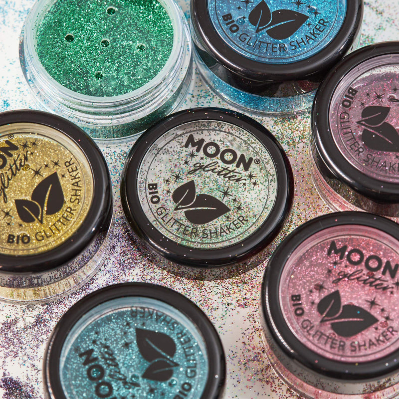 [Australia] - Biodegradable Eco Glitter Shakers by Moon Glitter - Set of 8 colours + Fix Gel - Cosmetic Bio Festival Makeup Glitter for Face, Body, Nails, Hair, Lips - 5g 