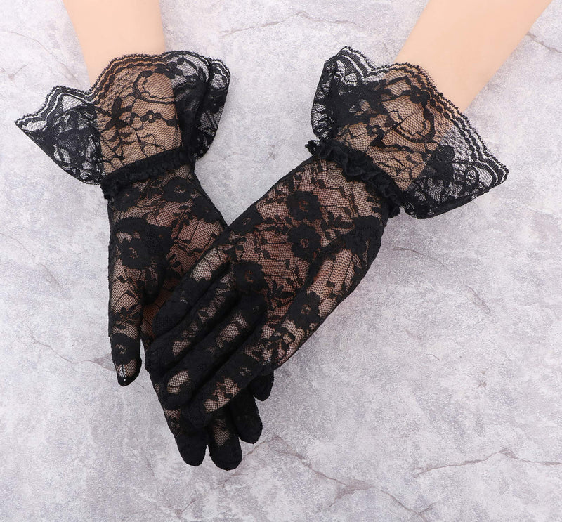 [Australia] - Simplicity Women's Vintage Sheer Floral Lace Wrist Length Gloves 2 Pack_black With Lace Wrist 