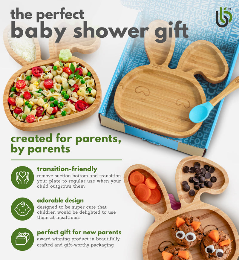 [Australia] - bamboo bamboo ® Baby Plate– Kids and Toddler Suction Cup Bamboo Plate for Babies | Non-Toxic | Cool to The Touch | Ideal for Baby-Led Weaning (Bunny, Blue) 