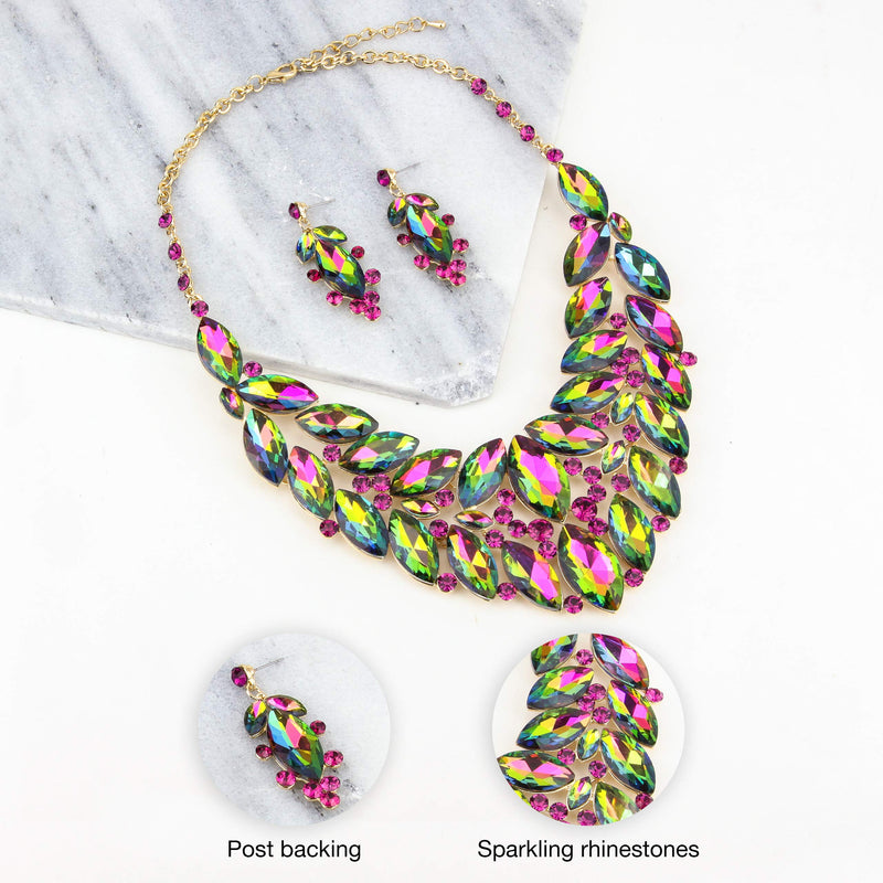 [Australia] - SP Sophia Collection Drop Collar Austrian Crystal Marquise Rhinestone Cluster Necklace and Stud Post Dangling Earring Set Rainbow 