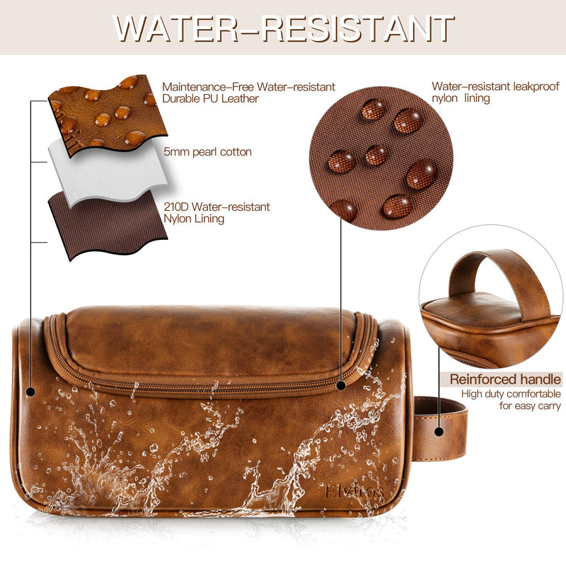 [Australia] - Elviros Water-Resistant PU Leather Toiletry Bag for Men Travel Wash Bag Shaving Dopp Kit Bathroom Gym Toiletries Makeup Organizer with Free Wet Dry Bag (Brown-Medium) Brown-medium Medium 