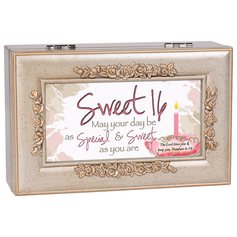 [Australia] - Cottage Garden Sweet Sixteen Your Day Be Special Silvertone Embossed Jewelry Music Box Plays Amazing Grace 