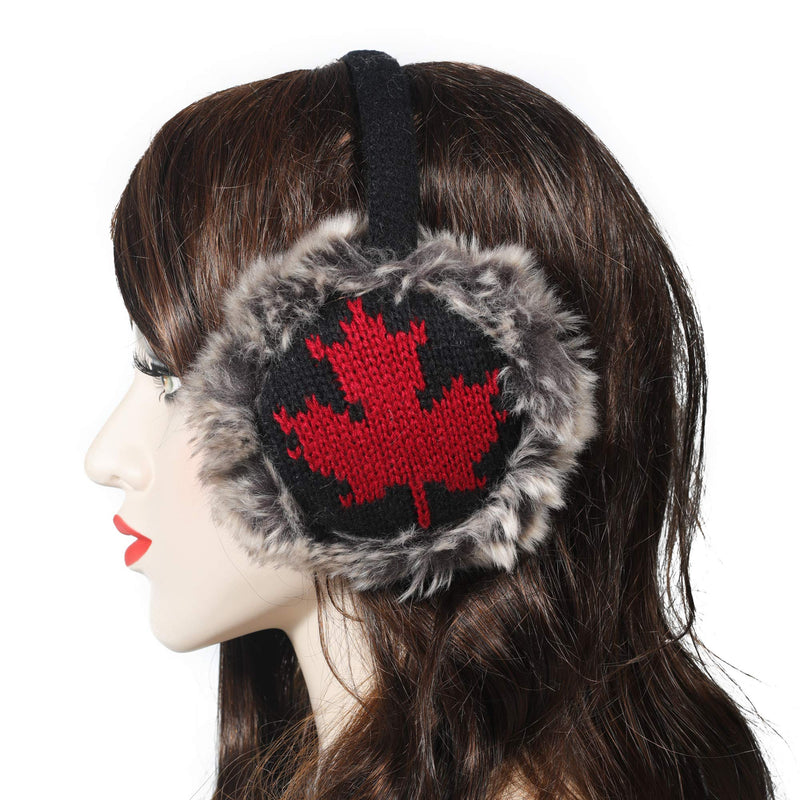 [Australia] - ZLYC Winter Faux Fur Adjustable Earmuffs Cute Knit Fuzzy Ear Muffs for Women Girls Maple Leaf Black 