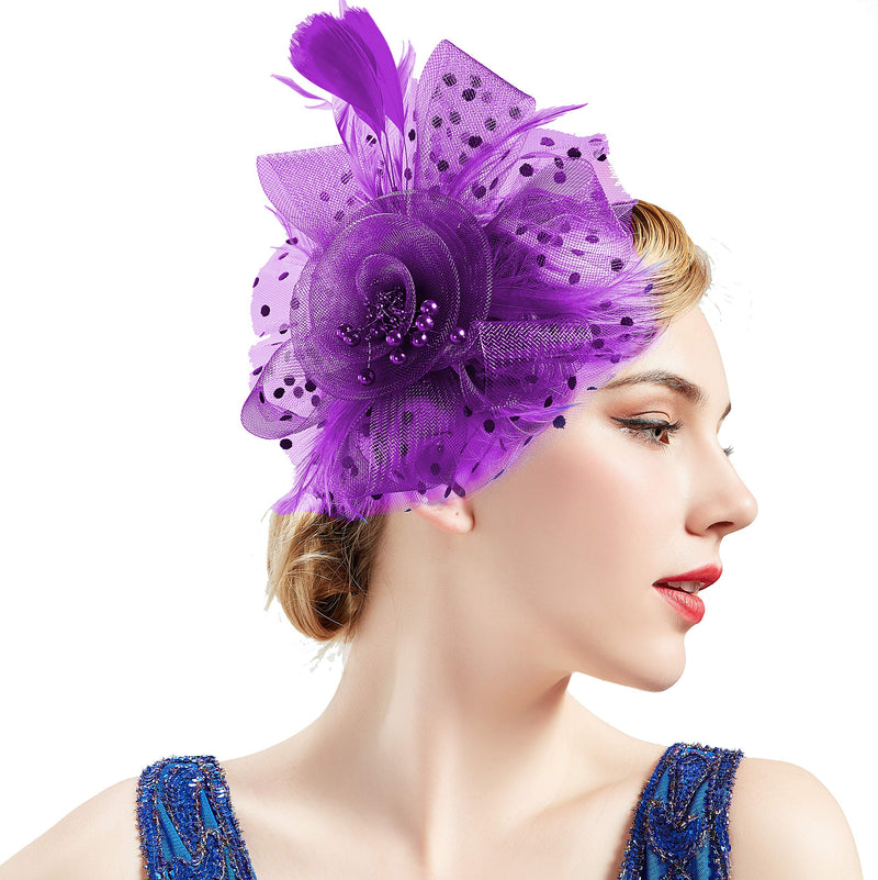 [Australia] - BABEYOND Women's Fascinators Hat Mesh Feather Fascinator Veil Kentucky Derby Hat for Cocktail Tea Party Purple 