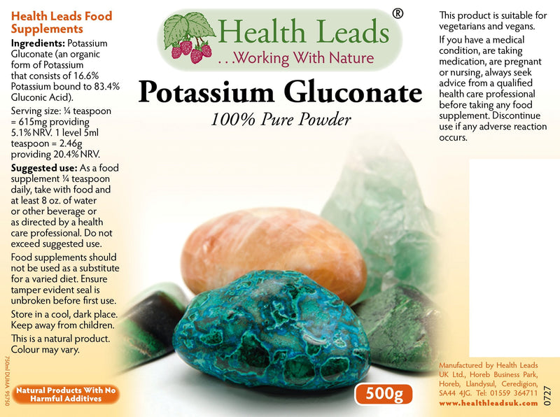 [Australia] - Potassium Gluconate Powder 500g | Magnesium Stearate Free & No additives or fillers | Potassium contributes to Normal Muscle Function | Non GMO | Vegan | Produced in Wales 