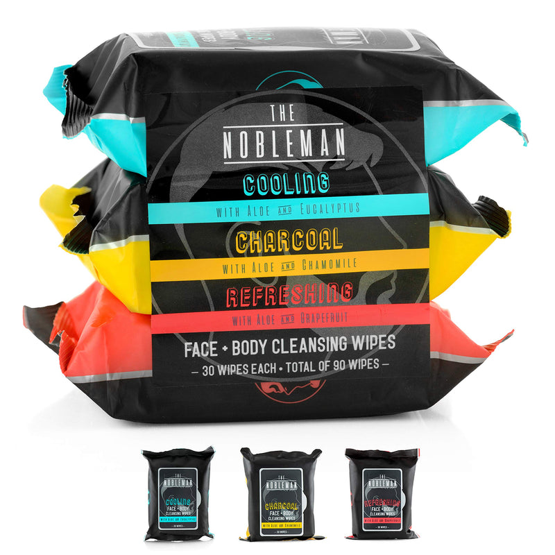 [Australia] - Men's Assorted Cleansing Wipes- Cooling/Charcoal/Refreshing - 3 Pack ( 90ct ) 