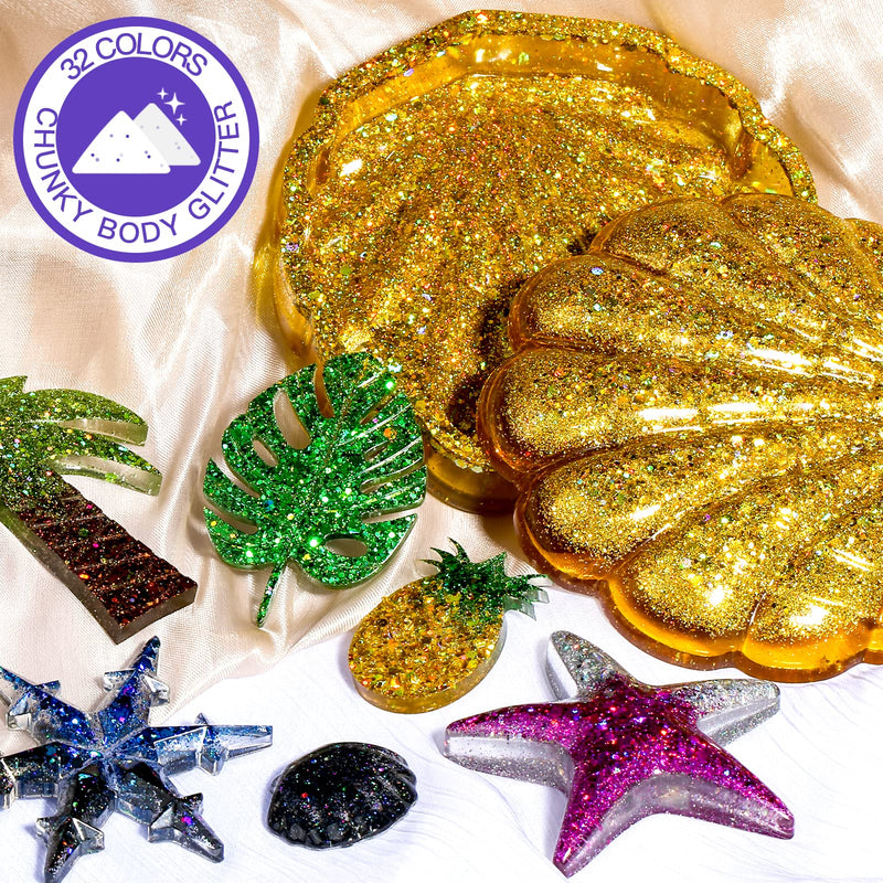 [Australia] - 32 Pots Chunky Holographic Glitter, FANDAMEI Reflective Body Glitter for Eyes Face Cheek Hair Nails Lips, Festival Cosmetic Glitter Sparkle for Resin Wax Melts Crafts Decoration in Christmas Party Holographic Chunky Glitter 