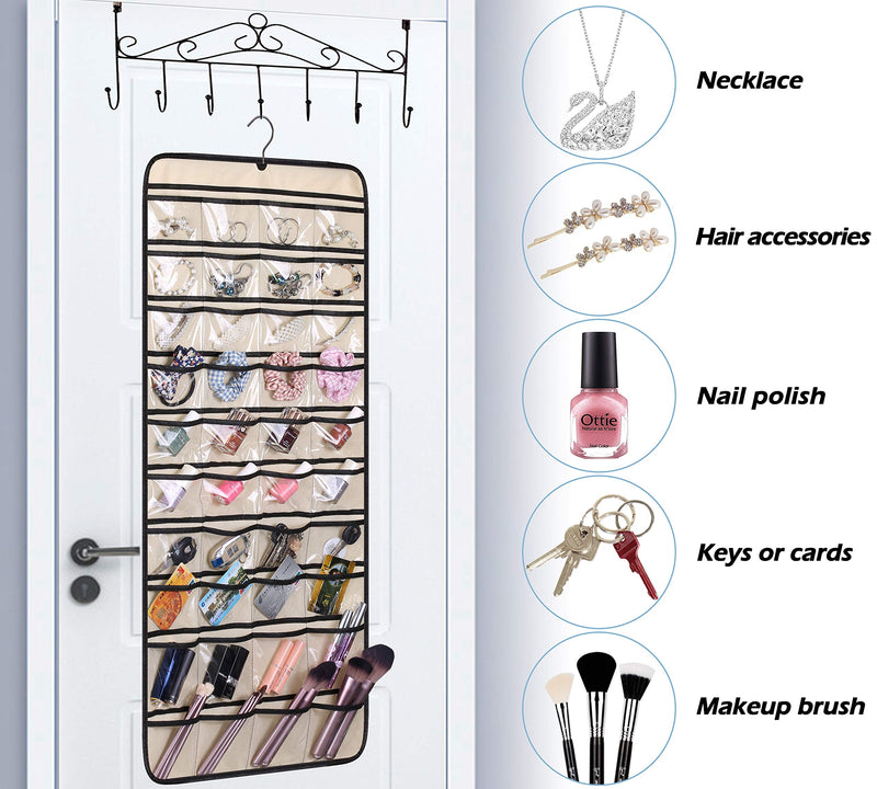 [Australia] - MISSLO Dual-sided Hanging Jewelry Organizer with 40 Pockets and 20 Hook & Loops Closet Necklace Holder for Earring Bracelet Ring Chain with Rotating Hanger, Beige 