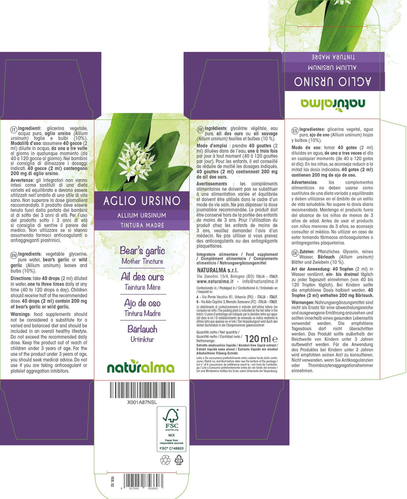 [Australia] - Bear's Garlic or Wild Garlic (Allium ursinum) Leaves and Bulbs Alcohol-Free Mother Tincture Naturalma | Liquid Extract Drops 120 ml | Food Supplement | Vegan 120 ml (Pack of 1) 