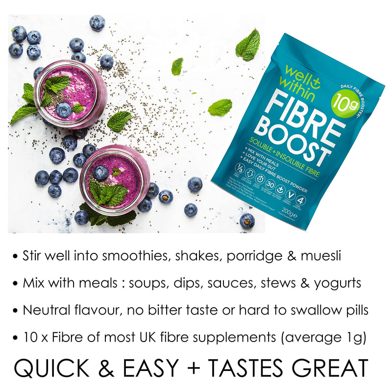 [Australia] - 10,000mg Fibre Supplement Prebiotic Powder - 10 Gram Boost = 1/3 NHS Daily Fibre Intake (200g Bag, 30 x 5g Fiber) Well Within Gut Health 4in1 Soluble + Insoluble Fibre Powder Blend. Men, Women & Kids 