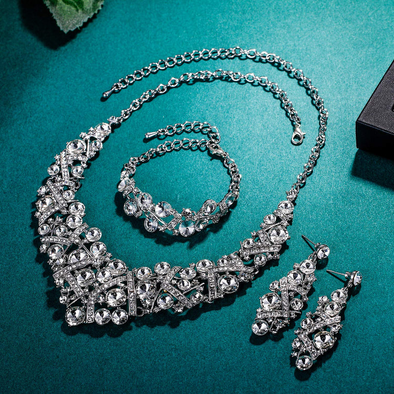 [Australia] - Flyonce Rhinestone Crystal Bridal Jewelry Set for Women, Wedding Party Necklace Earrings Bracelet Clear Silver-Tone 