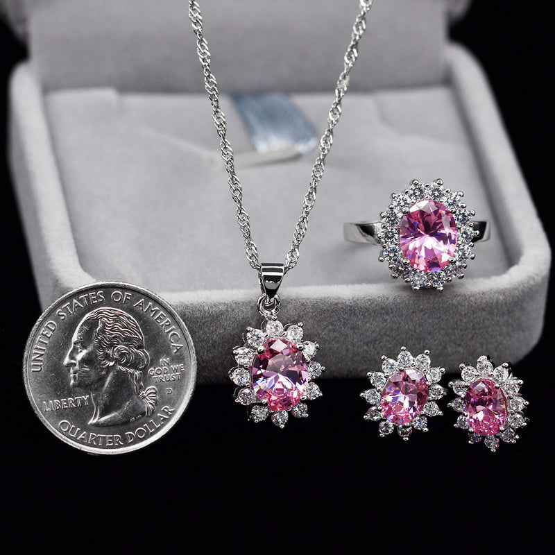 [Australia] - Uloveido Women Jewelry Necklace Earrings and Ring Set with Cubic Zirconia Crystals T466 Pink 9 